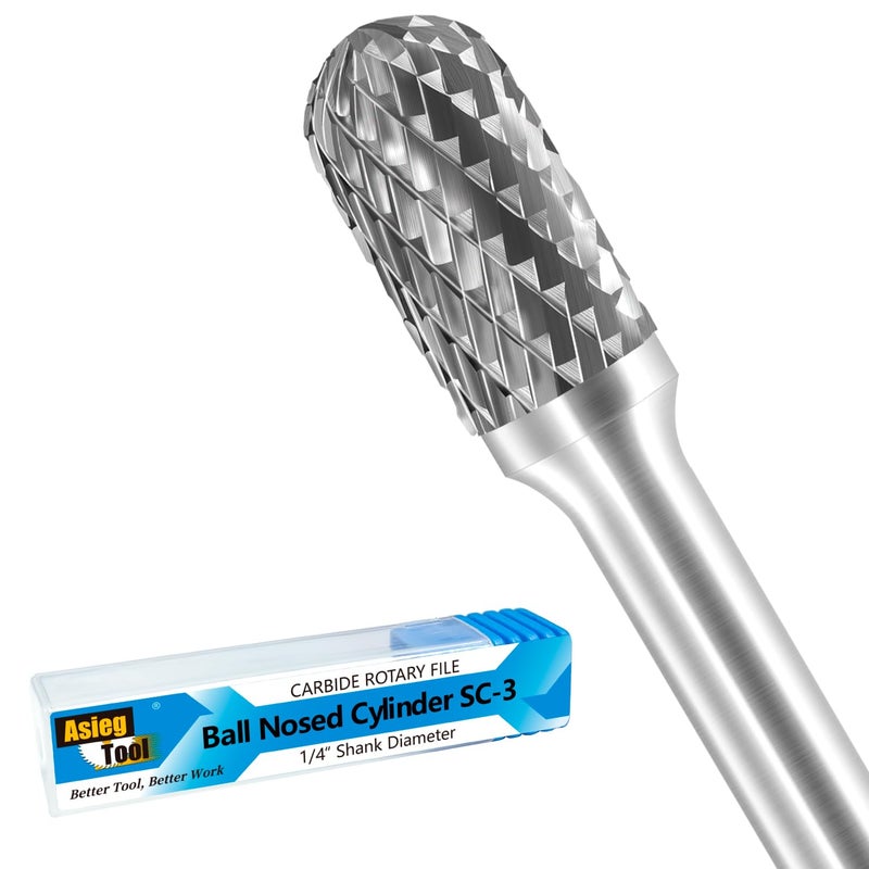 Asieg Tool SC-3 Tungsten Carbide Burr Rotary File Cylindrical Ball Nose End Shape Double Cut for Die Grinder Drill Bits 1/4'' Inch Diameter of Shank and 3/8'' Inch Diameter of Cutter 3/4'' Inch Cutter Length - Image 1